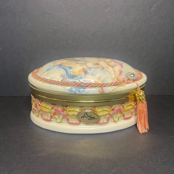 Berger Other - VTG MCM Berger Italian Porcelain Hinged Cherubs Angels Oval Trinket Box w Tassel